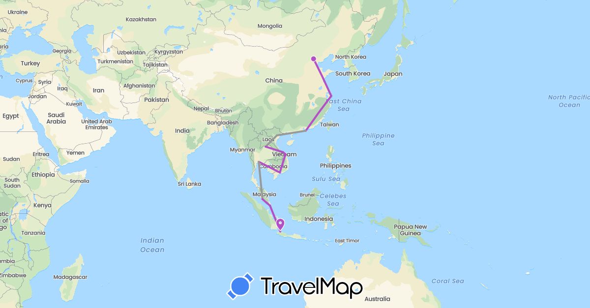 TravelMap itinerary: plane, train in China, Indonesia, Laos, Malaysia, Singapore, Thailand, Vietnam (Asia)