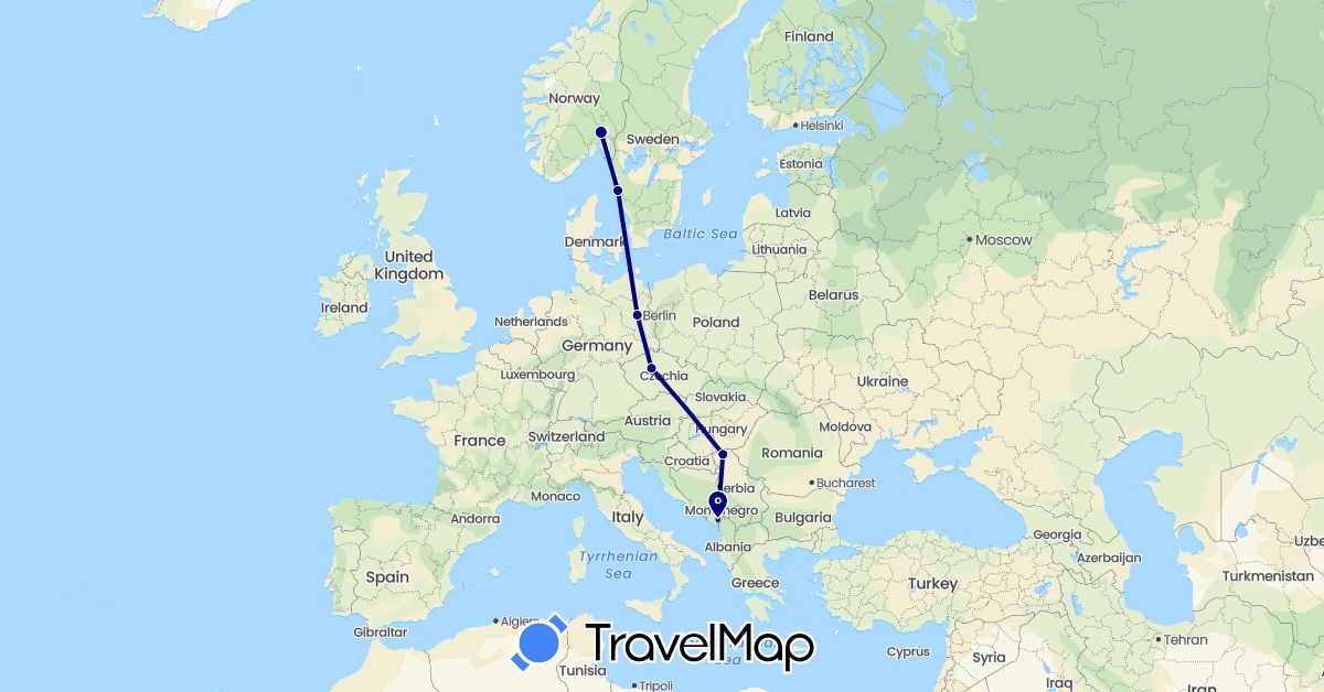 TravelMap itinerary: driving in Czech Republic, Germany, Montenegro, Norway, Serbia, Sweden (Europe)