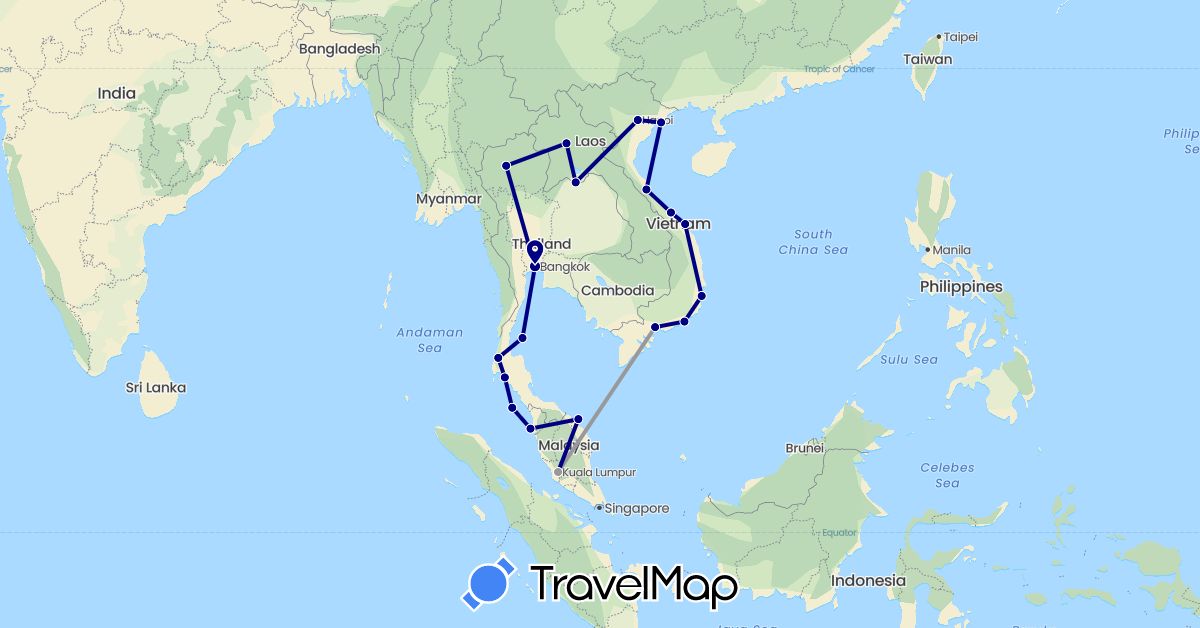 TravelMap itinerary: driving, plane in Laos, Malaysia, Thailand, Vietnam (Asia)