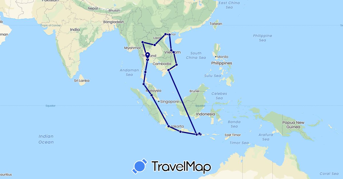 TravelMap itinerary: driving in Indonesia, Laos, Malaysia, Thailand, Vietnam (Asia)